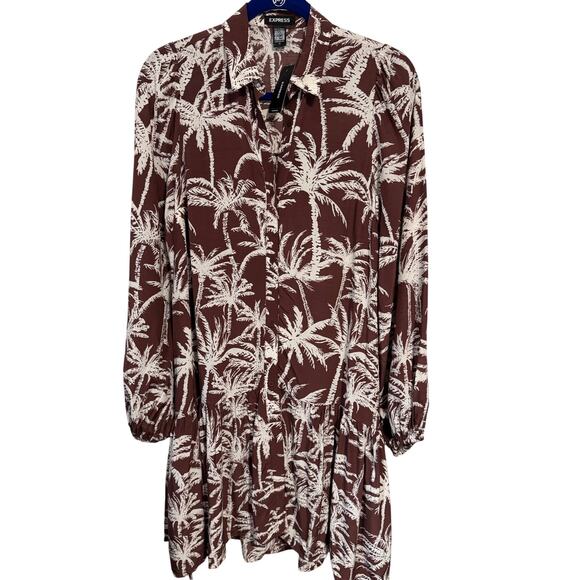 Express NWT Brown & white palm mini shirt dress Oversized flowy L/S tiered hem - Picture 4 of 12